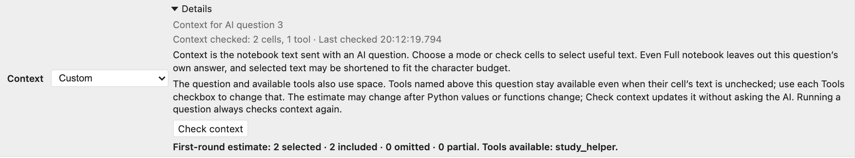 Expanded Details shows the question, estimated context, and optional Check context action