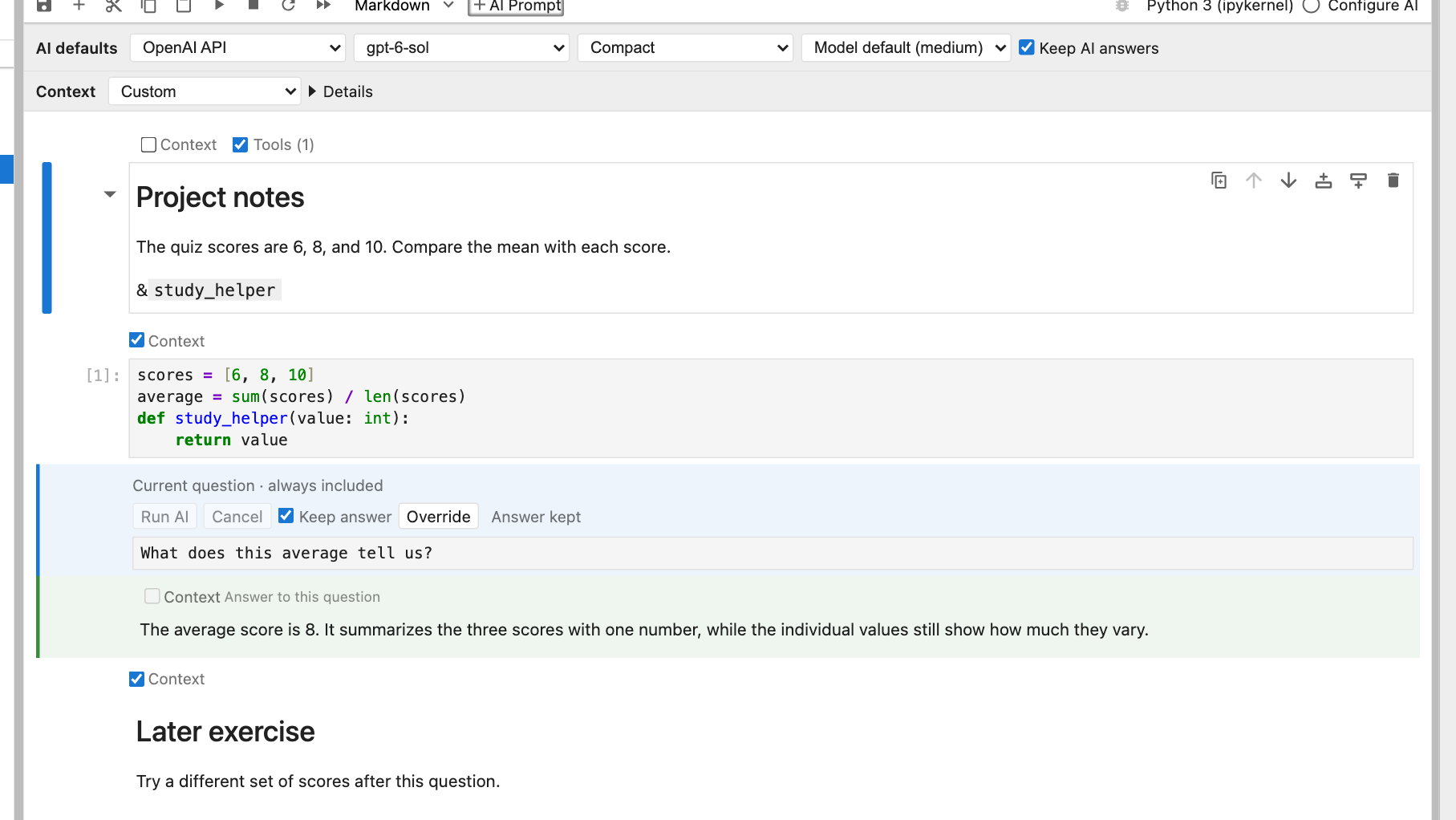Context modes and inclusion checkboxes on notebook cells