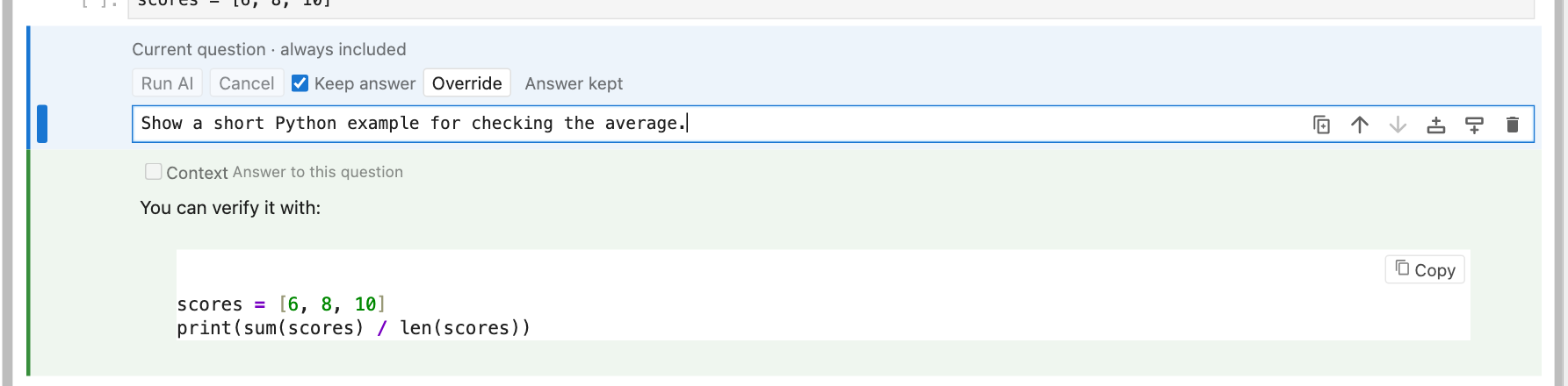 The Copy button on a fenced code block in an AI answer