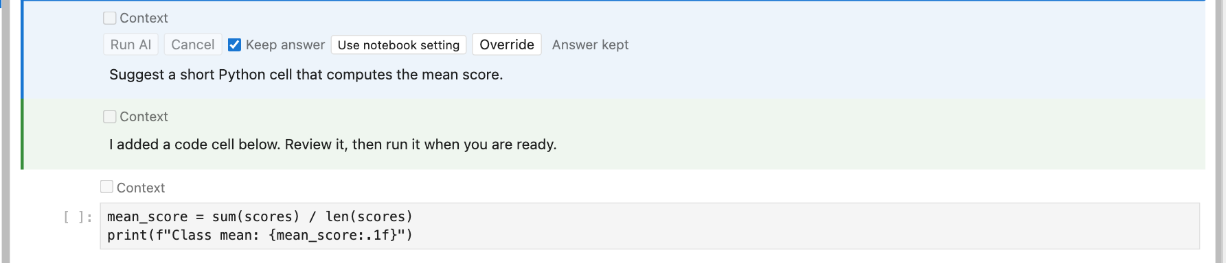 Illustrative AI answer followed by its separate unexecuted code draft