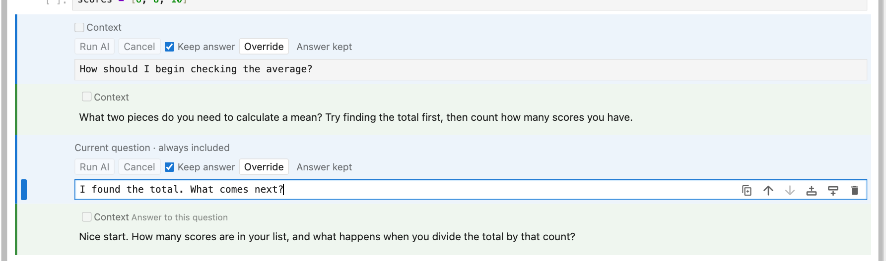 An illustrative Learning conversation continued through successive AI cells