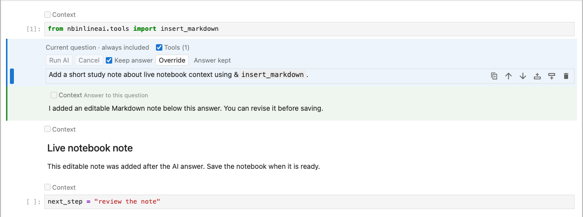 An AI prompt calls an imported tool and creates a separate editable Markdown note