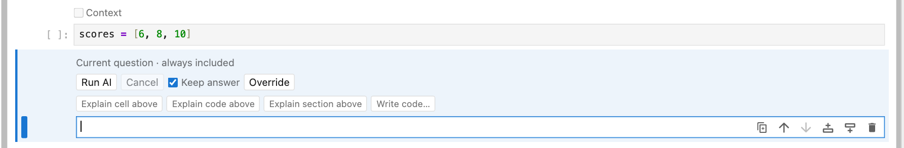 Editable starters appear only while an AI question is empty