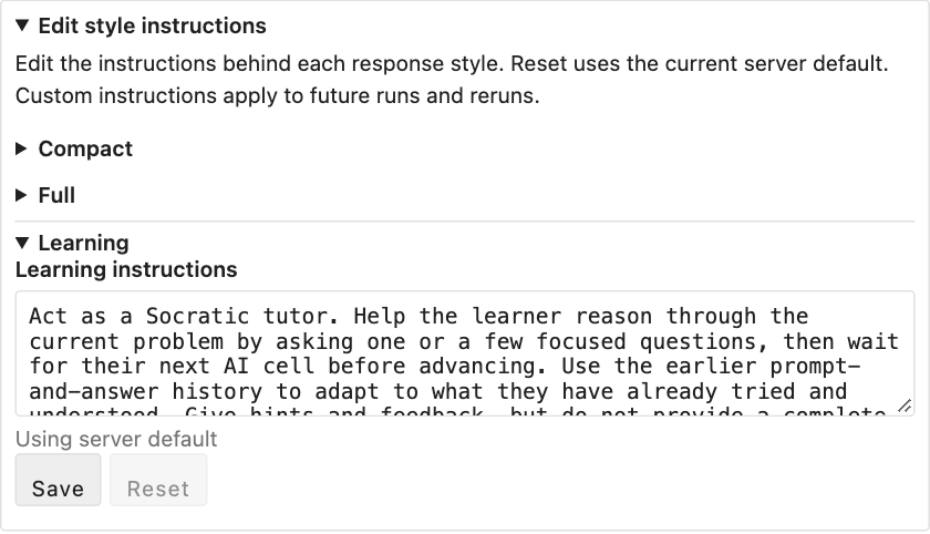 Editing a style's instructions with Save and Reset controls