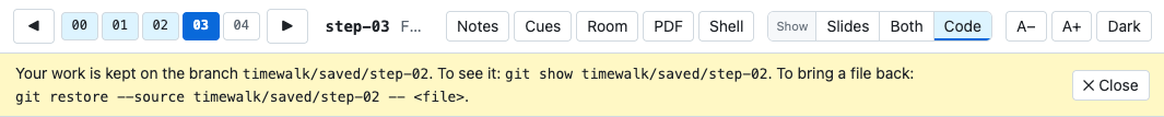 The step bar after a move with an edit, and the notice that names the saved branch