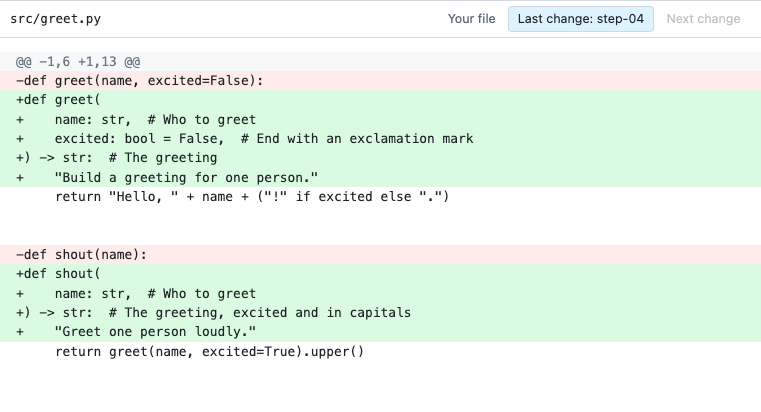 The Last change view, where step-04 adds types and comments