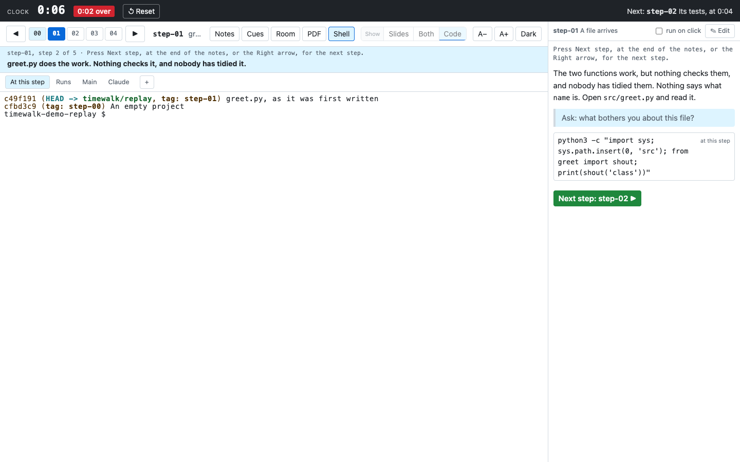 Shell: the terminal fills the space of the slides and the files, and the notes stay