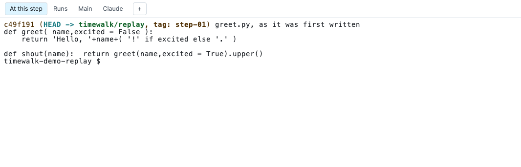 At this step: the replay copy at step-01, with greet.py as you first wrote it