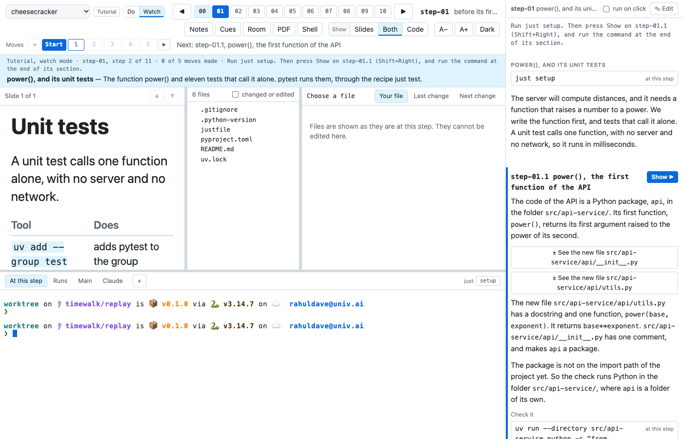 Watch mode at step-01 of cheesecracker: the slide, the file list, the reader, a terminal and the notes, with Show on the first move