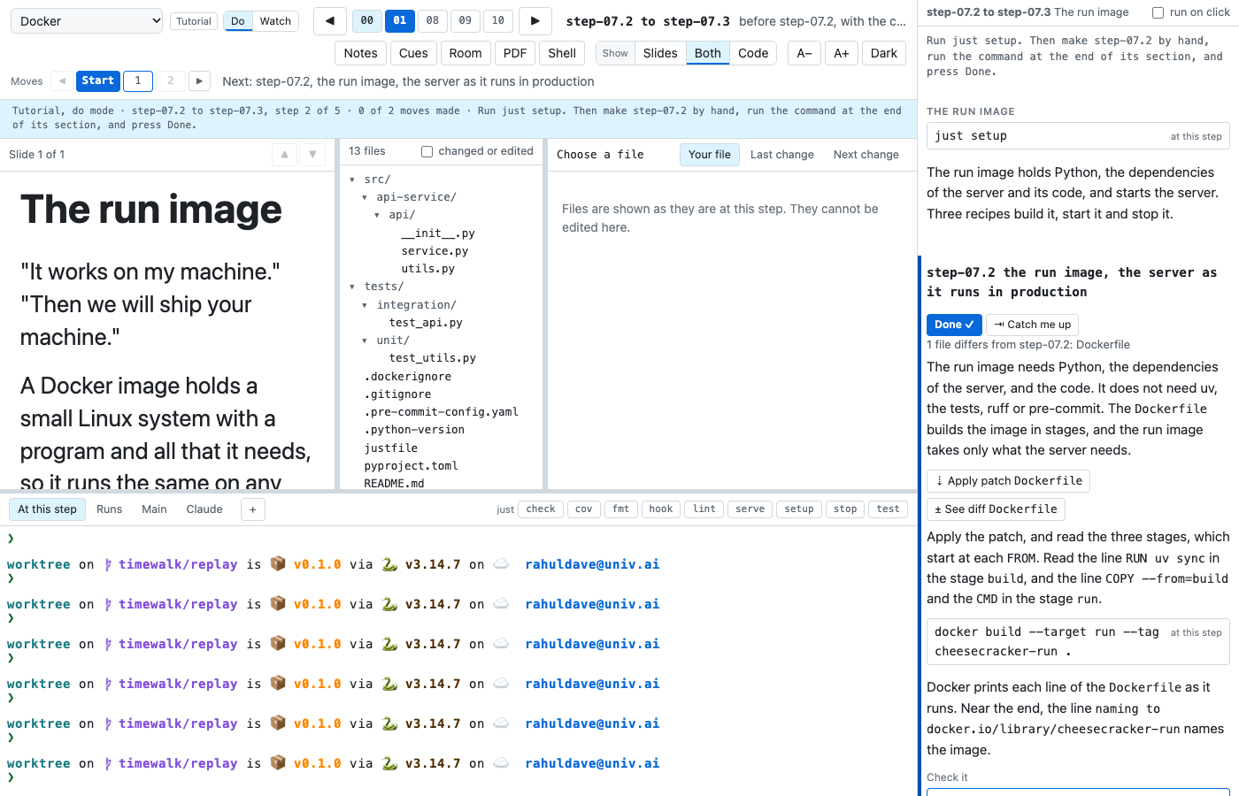 Do mode in the walk Docker: one file differs, the patch to apply to the Dockerfile, and the command that builds the image