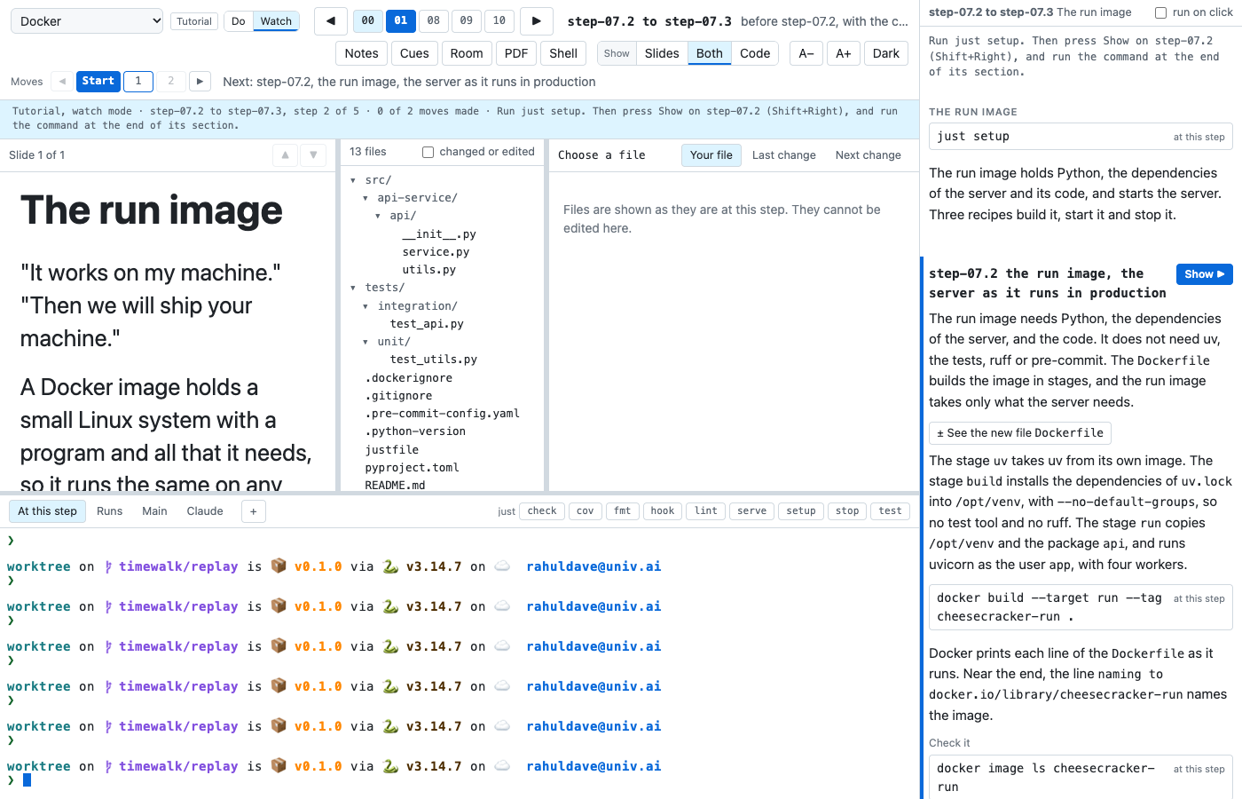 Watch mode in the walk Docker, at the run image: the moves step-07.2 to step-07.3, and the Dockerfile