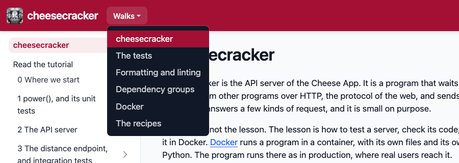 The website of cheesecracker, with the menu Walks open