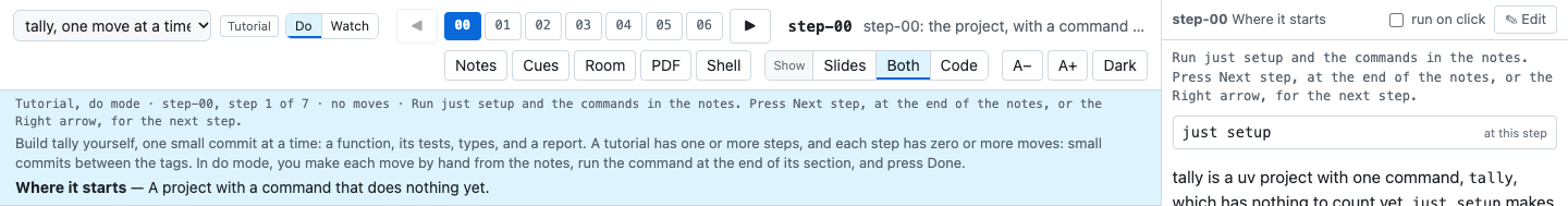 The step bar and the status band at step-00 of a tutorial in do mode: the direction, the description of the walk with the sentence on tutorials, and the tag in bold