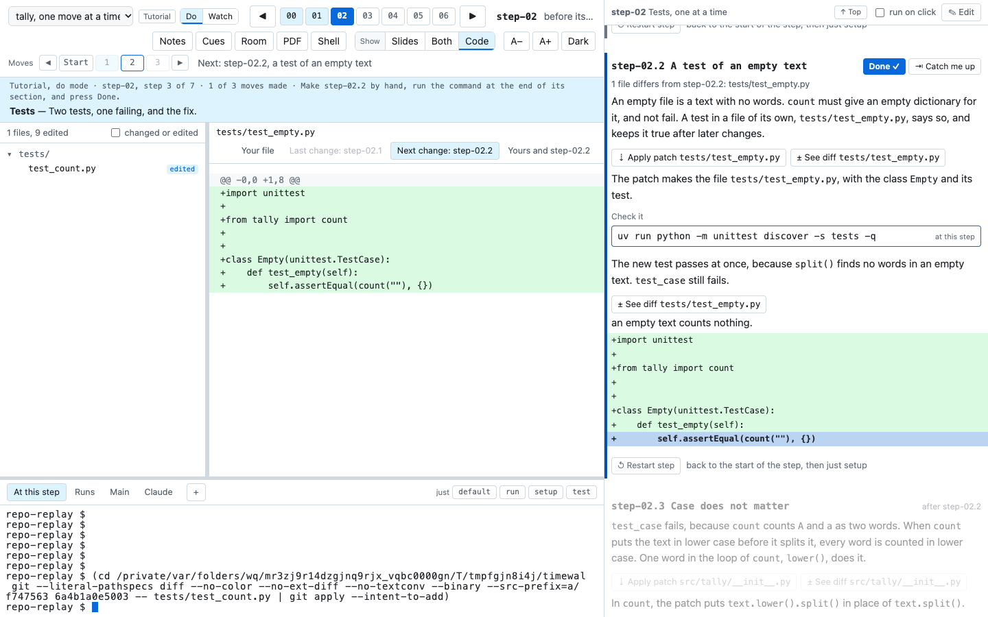 The notes of step-02.2 in do mode with its patch$ line, Apply patch tests/test_empty.py and See diff, after Apply patch made step-02.1, and the reader on Next change: step-02.2