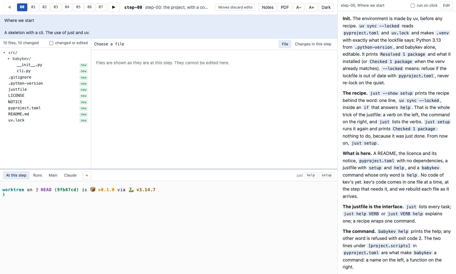 A walk through babykev: the steps, the files, a terminal in the replay copy, and the notes of the step